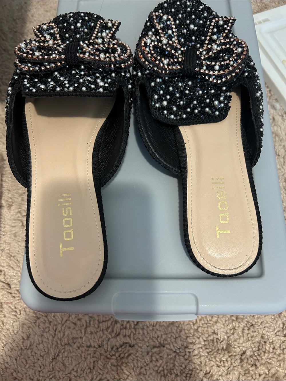 Taos Footwear Black Beaded Bow Slide Mules